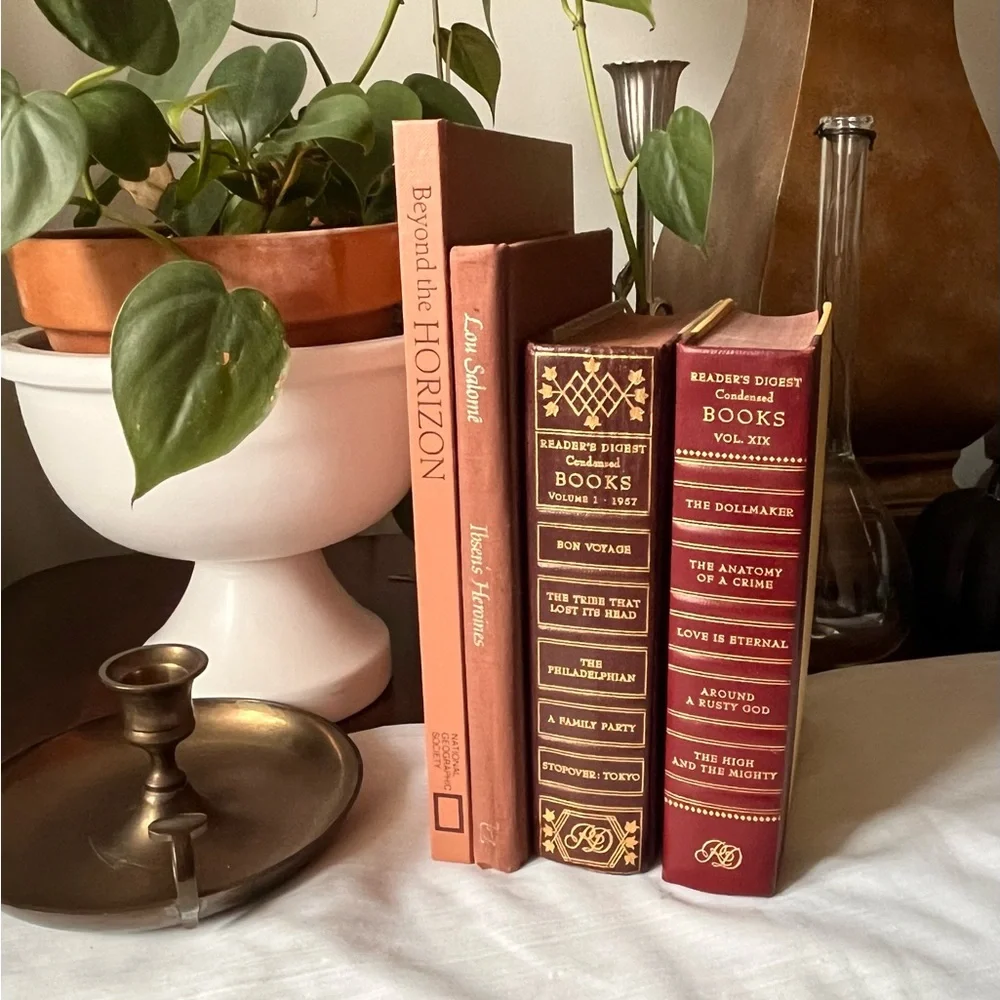 Curated Book Stack Set Decorative Vintage Hardcover Shelf Filler Brown Warm Red